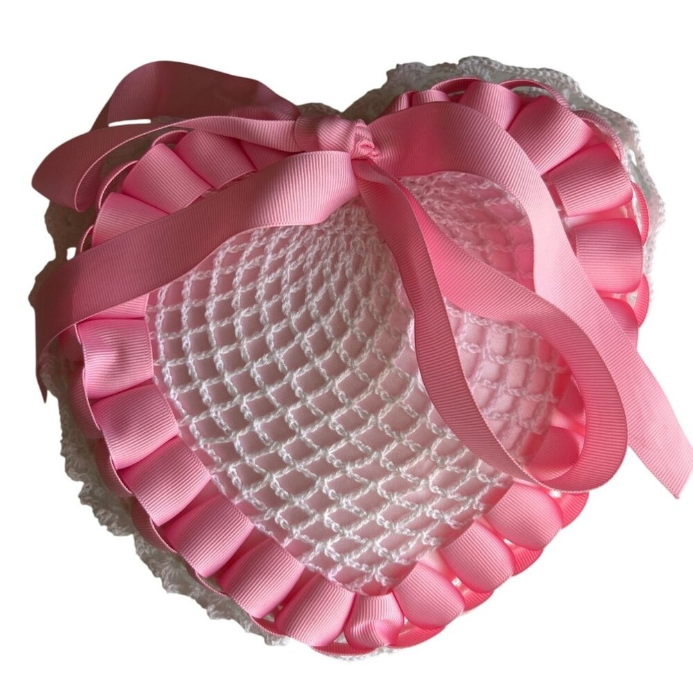 Handcrafted Crochet Heart-Shape Mini Pillow With Pink Ribbon Trim & Bow